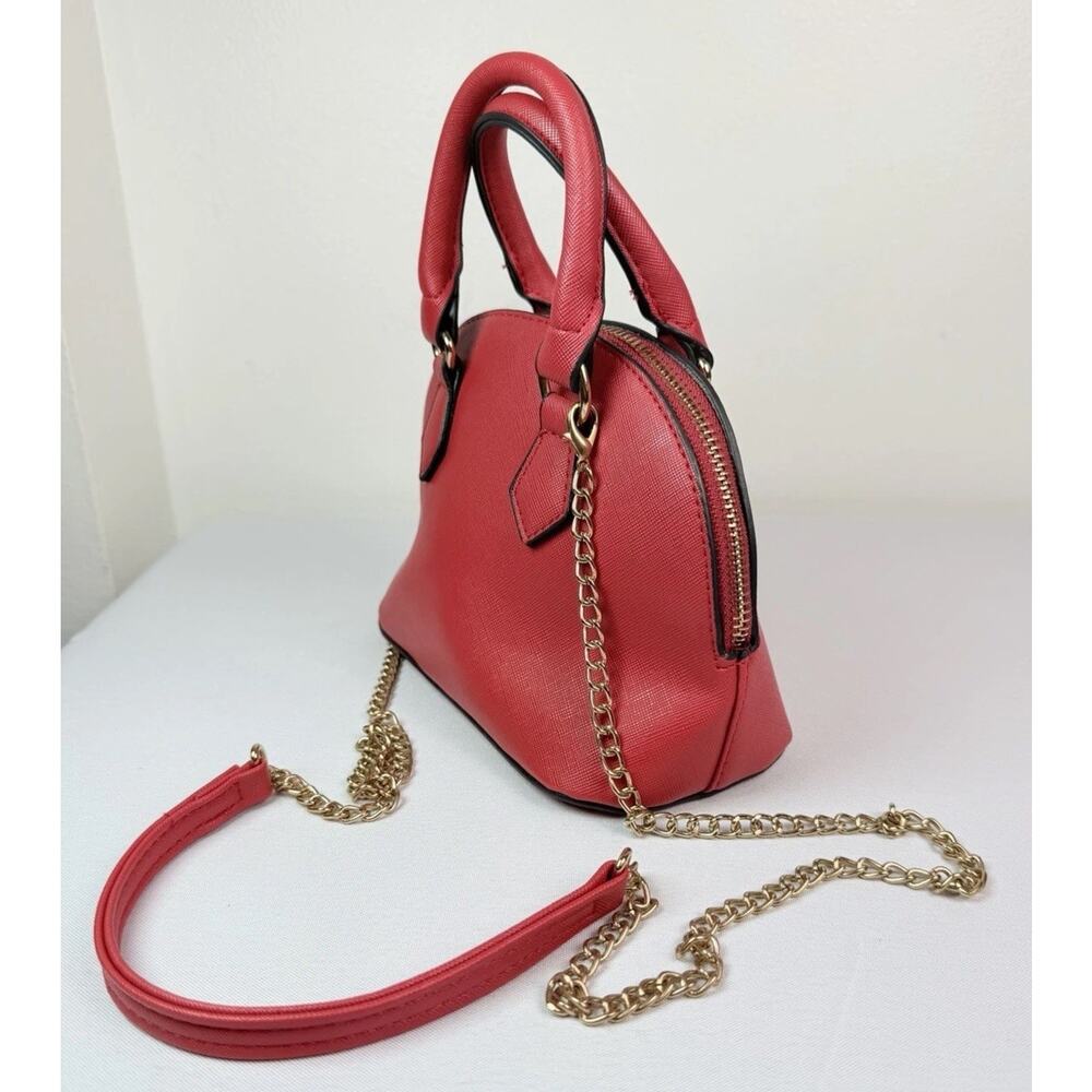 Red Saffiano Faux Leather Mini Dome Satchel Chain Strap Crossbody Bag Unbranded - Picture 2 of 7